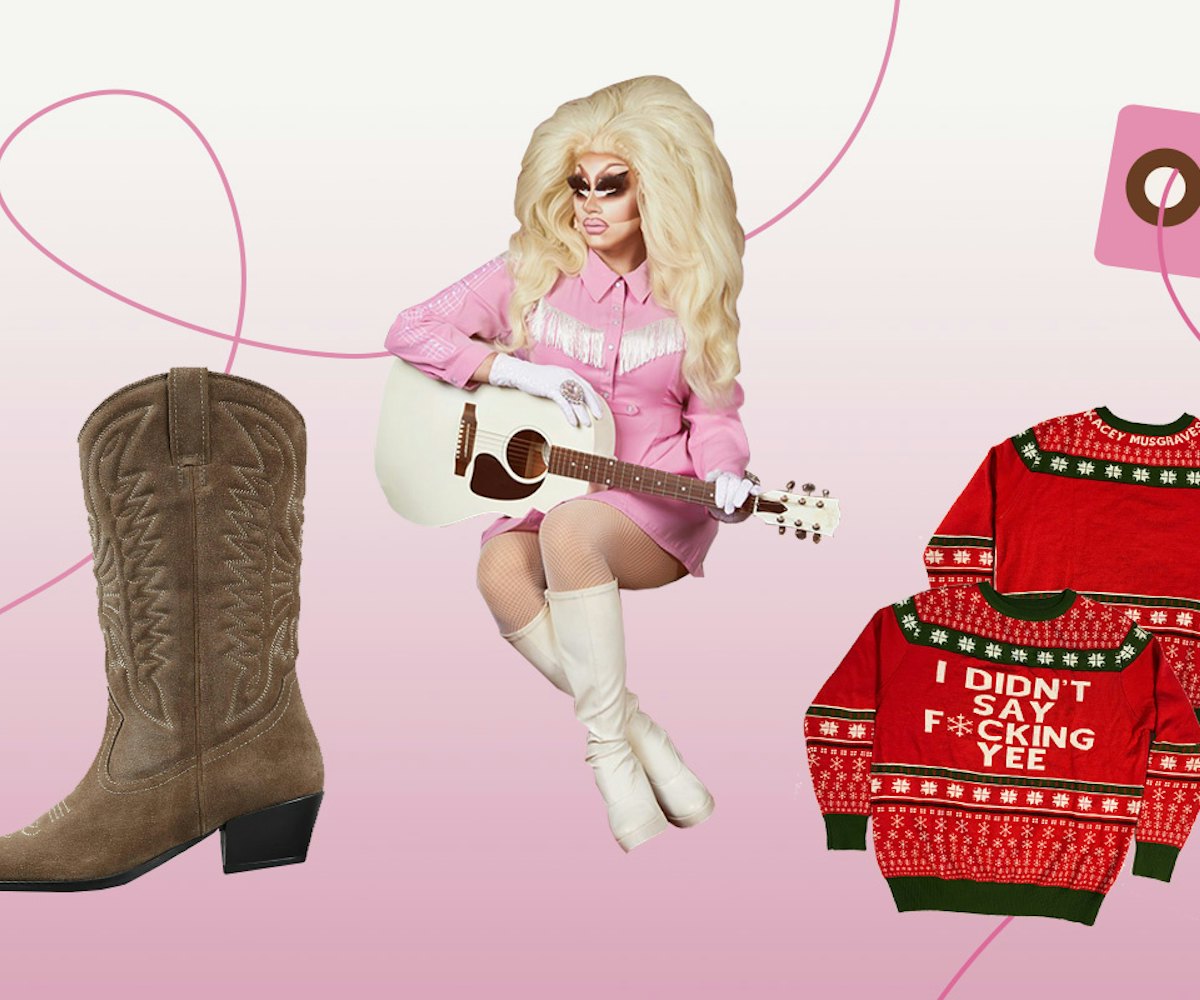 Vagabond tall boots, Trixie Mattel, holiday sweater by Kacey Musgraves, and The Saddle Club season 1...