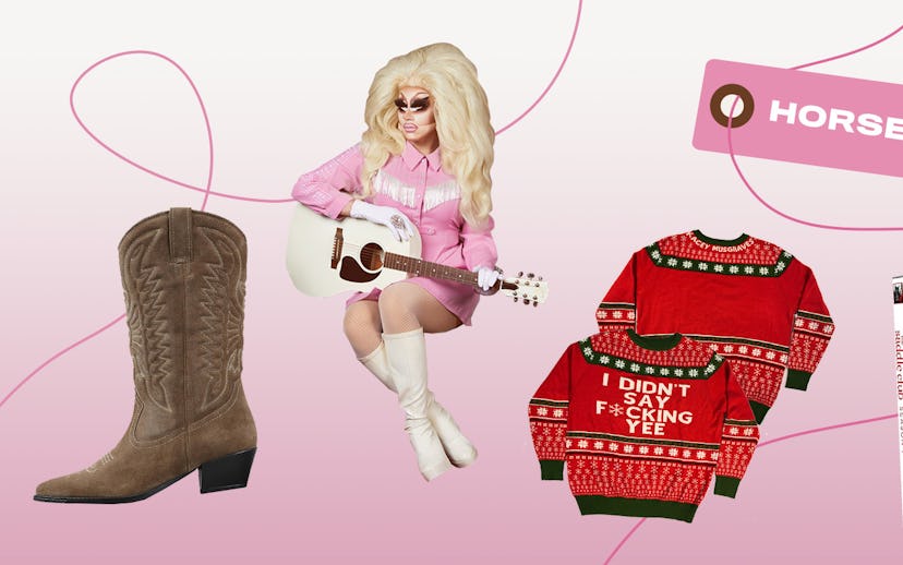 Vagabond tall boots, Trixie Mattel, holiday sweater by Kacey Musgraves, and The Saddle Club season 1...