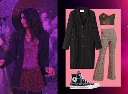 Rue wearing a skirt over pants, a blazer and sneakers beside the look that it inspired