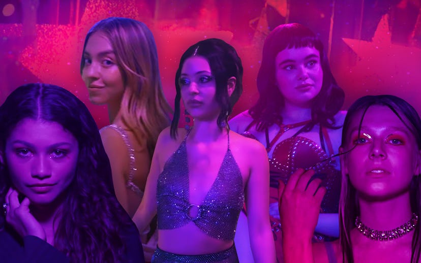 Euphoria characters standing next to each other with a purple hue over them