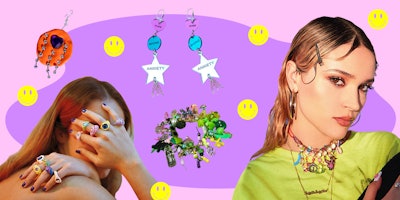 A model in colorful clothes and childlike jewelry