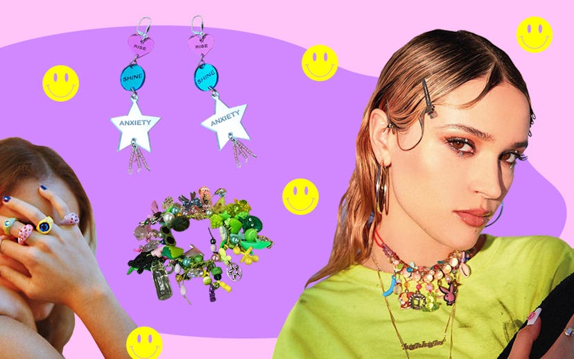A model in colorful clothes and childlike jewelry