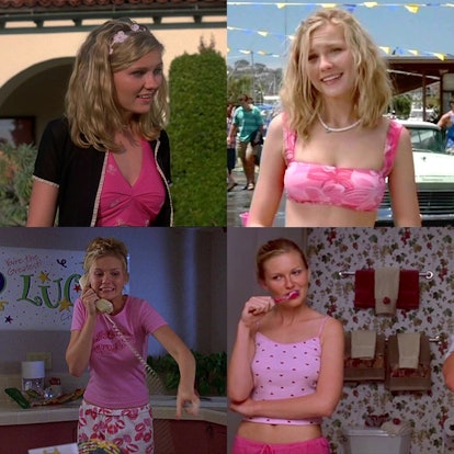 Kirsten Dunst in four pink outfits: a swimsuit, pajamas, and a tank top in the "Bring It On" movie