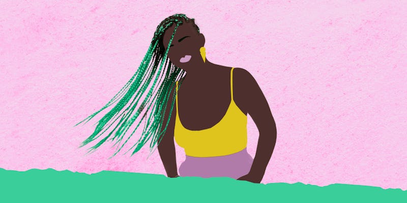 Illustration of a girl in a yellow top sporting green braids.