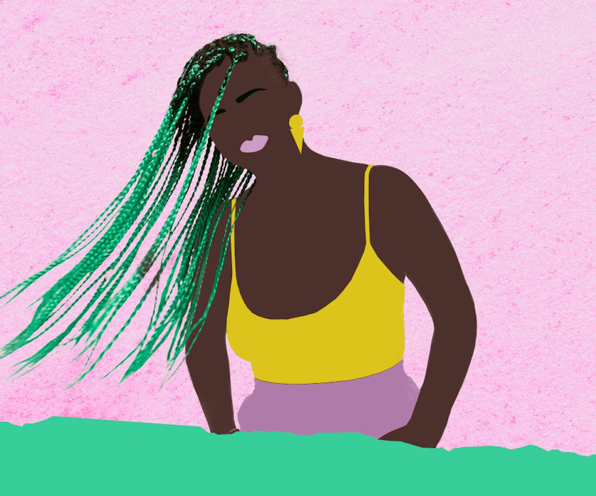 Illustration of a girl in a yellow top sporting green braids.