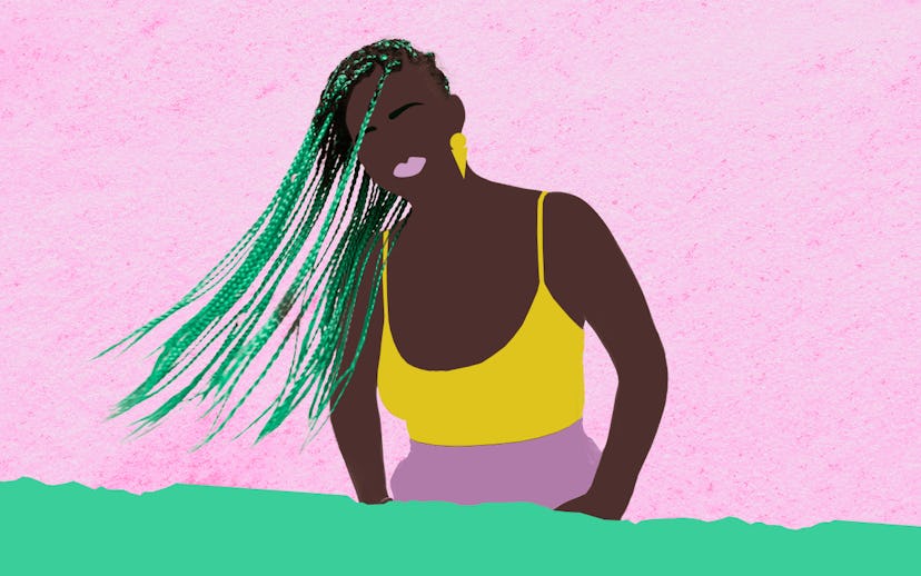 Illustration of a girl in a yellow top sporting green braids.