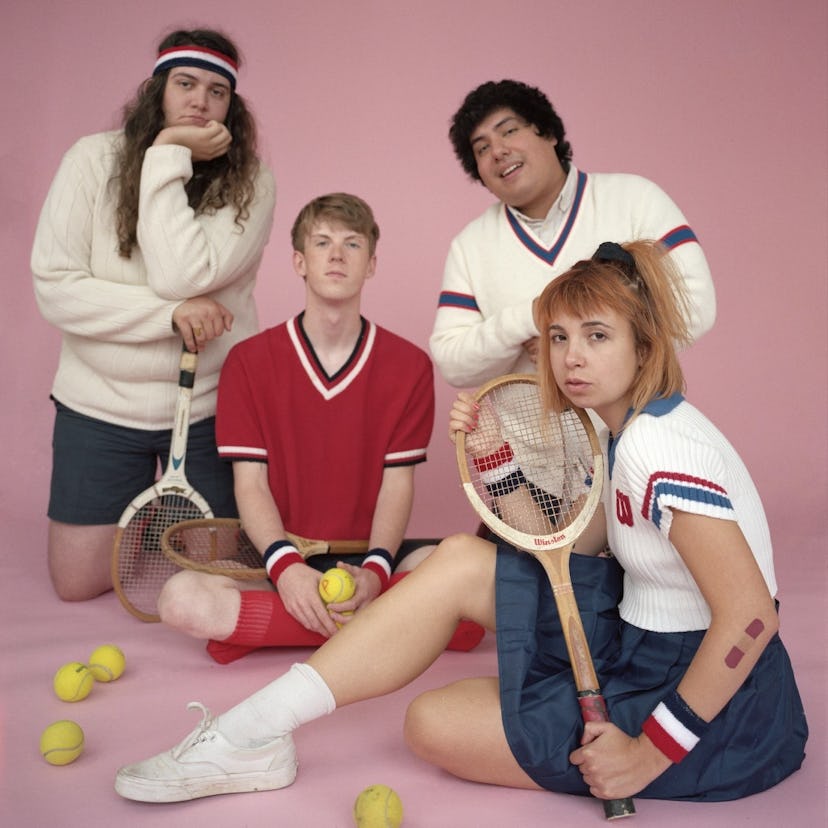 Members of the band ''Beach Bunny'' posing in tennis outfits