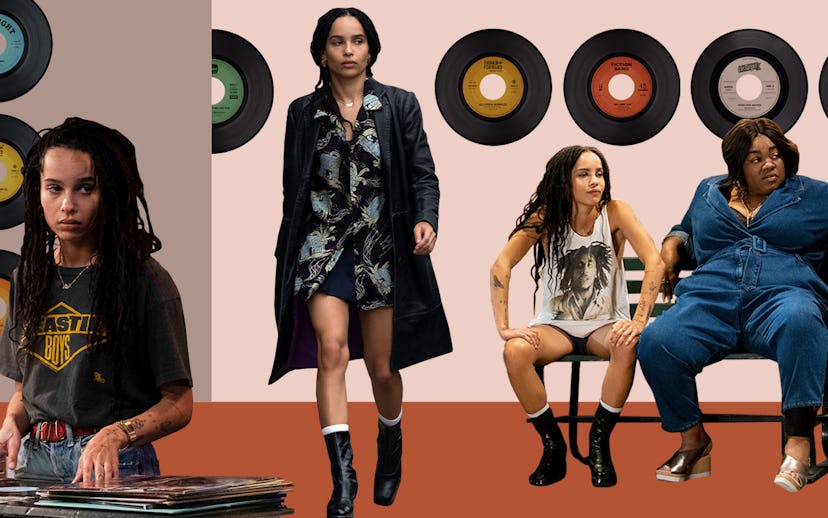 Zoë Kravitz standing in front of a wall with vinyl records hanging wearing her own clothes in High F...
