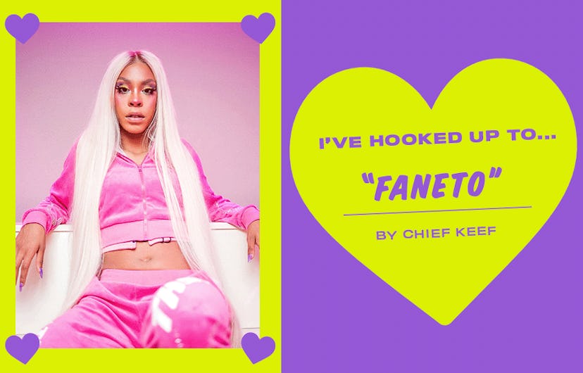 Collage of Rico Nasty in a pink tracksuit and an "I've hooked up to "Faneto"" text sign