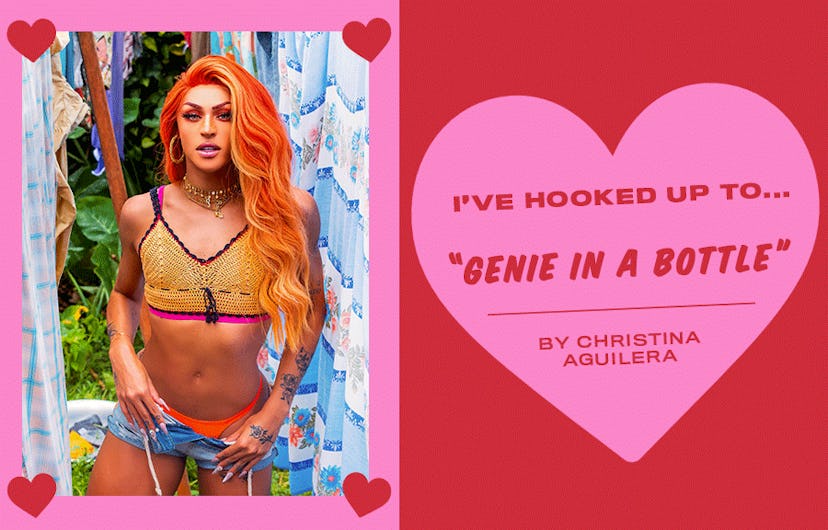 Collage of Pabllo Vittar and an "I'VE HOOKED UP TO... "GENIE IN A BOTTLE"" text sign
