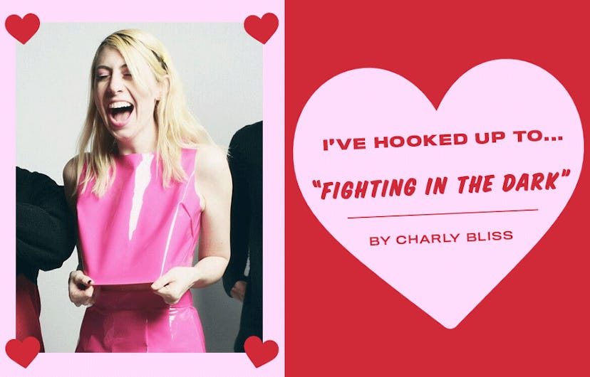 Collage of Eva Hendricks and an "I'VE HOOKED UP TO... "FIGHTING IN THE DARK"" text sign