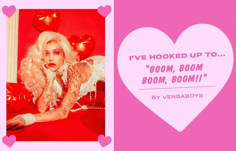 Collage of Brooke Candy and an "I'VE HOOKED UP TO... "BOOM, BOOM BOOM, BOOM!!"" text sign