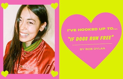 Collage of Sasami and an "I'VE HOOKED UP TO... "IF DOGS RUN FREE"" text sign