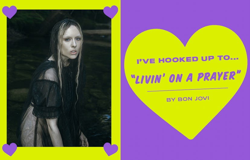 Collage of Allie X and an "I'VE HOOKED UP TO... "LIVIN' ON A PRAYER" text sign
