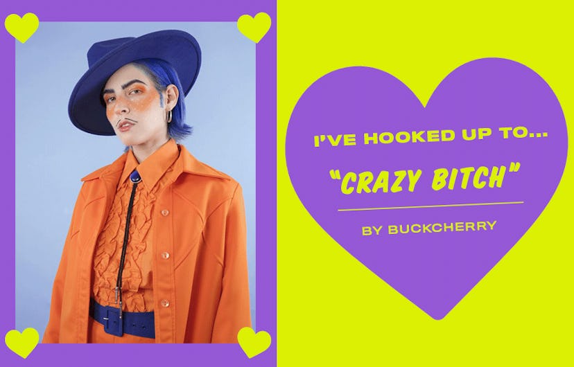 Collage of Dorian Electra and an "I'VE HOOKED UP TO... "CRAZY BITCH"" text sign