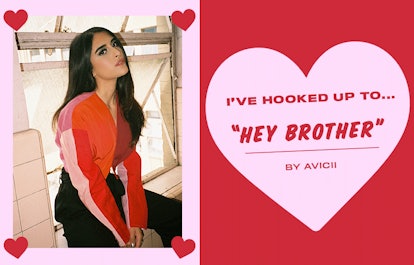 Collage of Gia Woods and an "I'VE HOOKED UP TO... "HEY BROTHER"" text sign