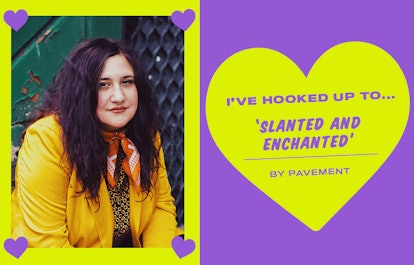 Collage of Ellen Kempner and an "I'VE HOOKED UP TO... 'SLANTED AND ENCHANTED'" text sign