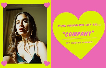 Collage of Sophia Messa and an "I'VE HOOKED UP TO... "COMPANY"" text sign