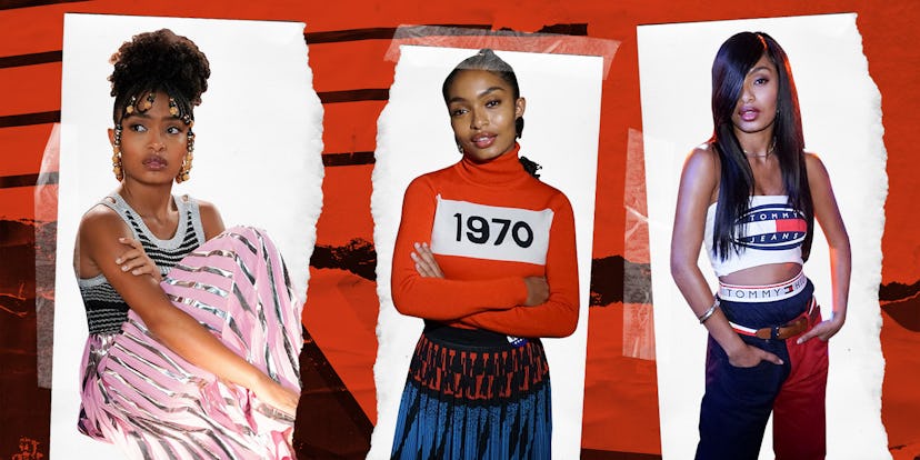 A three-part collage of Yara Shahidi in three different outfits with a red background with black str...