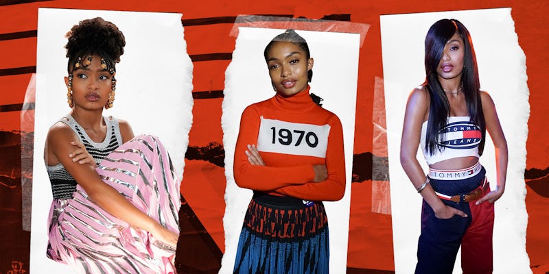A three-part collage of Yara Shahidi in three different outfits with a red background with black str...