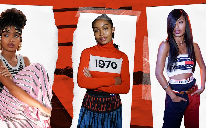 A three-part collage of Yara Shahidi in three different outfits with a red background with black str...