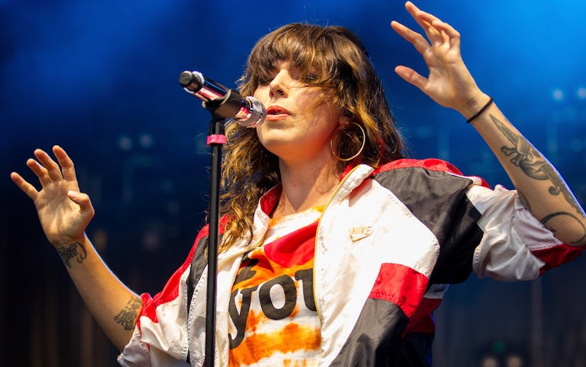 Vocalist Alexis Krauss of Sleigh Bells performs at Shoreline Amphitheatre on August 7, 2018 in Mount...