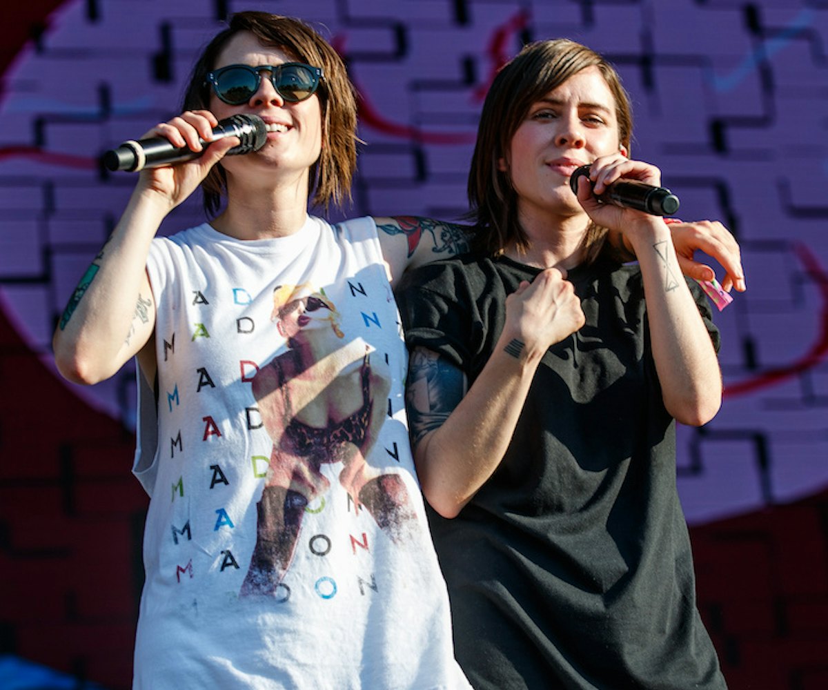 Tegan Quin (L) and Sara Quin of Tegan and Sara perform during the Bonnaroo Music & Arts Festival on ...