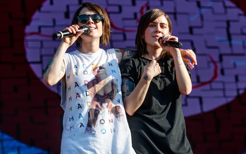 Tegan Quin (L) and Sara Quin of Tegan and Sara perform during the Bonnaroo Music & Arts Festival on ...