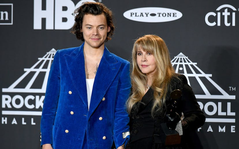Harry Styles and Inductee Stevie Nicks pose in the press room at the 2019 Rock & Roll Hall Of Fame I...