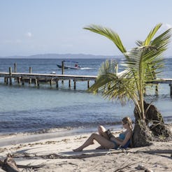 A woman sitting at the beach beneath the palm tree reading a book during spring break