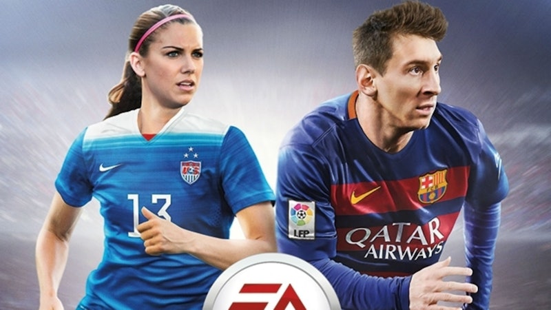 Alex Morgan and Lionel Messi in FIFA 16 game, from EA Sports.