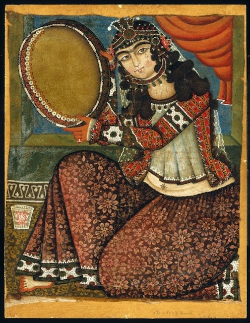 A painting of a woman with arched eyebrows in Ancient Persia 