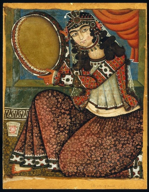A painting of a woman with arched eyebrows in Ancient Persia