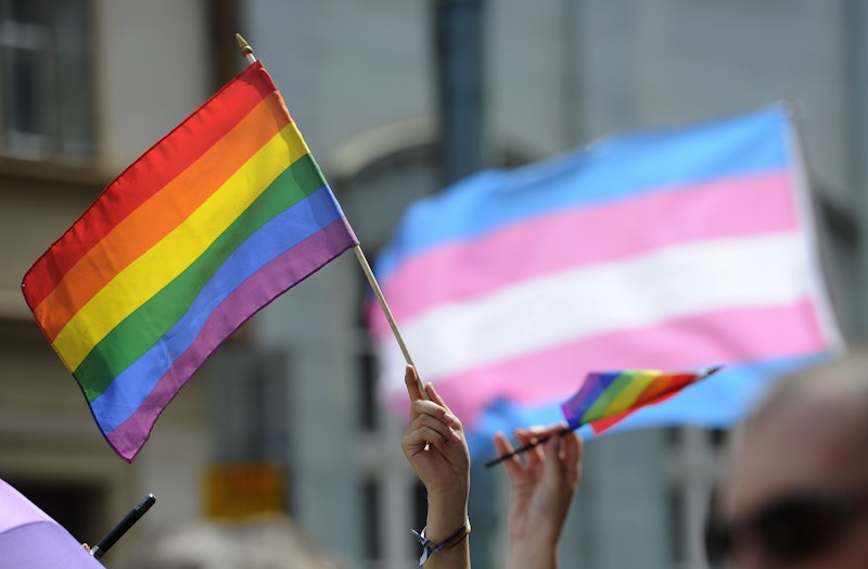 Rainbow and transgender flag waved by a crowd