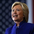 Hilary Clinton, in a blue blazer giving a speech. 
