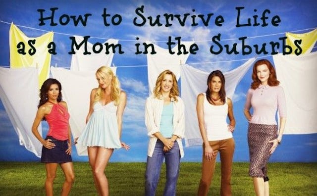 The cast of Desperate Housewives standing on the grass with text above them "How to survive life as ...