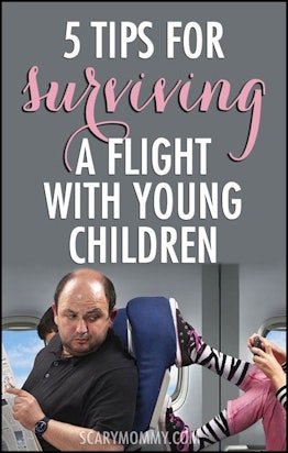 A man on a plane, a kid placing feet on his seat with a quote on top '5 tips for surviving a flight ...