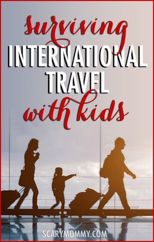 Poster of a silhouette of two people and a kid at the airport with a text about surviving internatio...