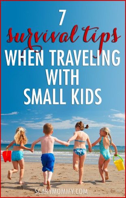 Three girls and a boy in bathing suits at the beach running towards the sea '7 survival tips when tr...