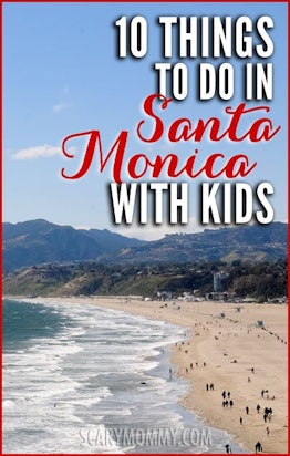A panorama of a beach in Santa Monica, saying "10 things to do in Santa Monica with kids''