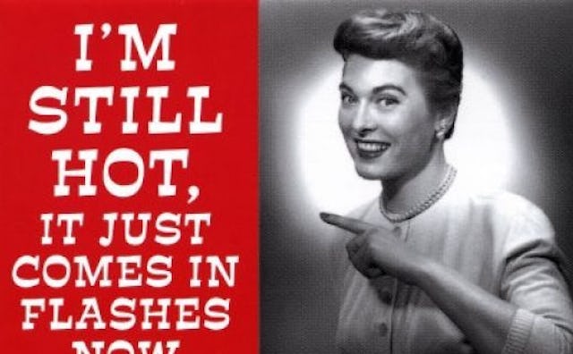 A photo in black and white of a woman from the 60s, with a quote about menopausal hot flashes next t...