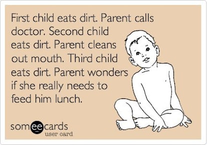 First child eats dirt parent calls doctor. Second child eats dirt parent cleans out mouth. Third chi...
