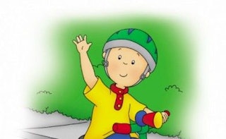 Caillou riding a bike and waving with his right hand