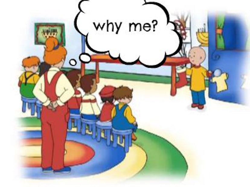  Caillou playing in a preschool show in front of teacher and friends