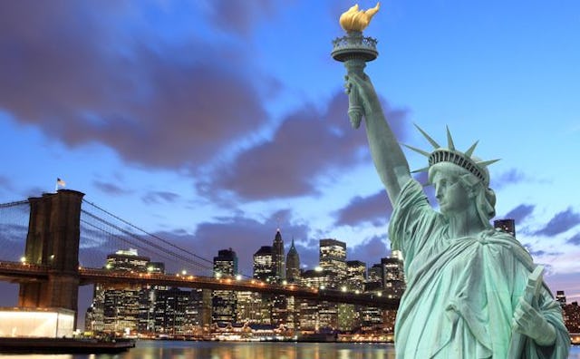 Statue of Liberty with New York in the background.