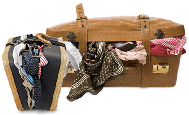 Two black and brown overfilled suitcases