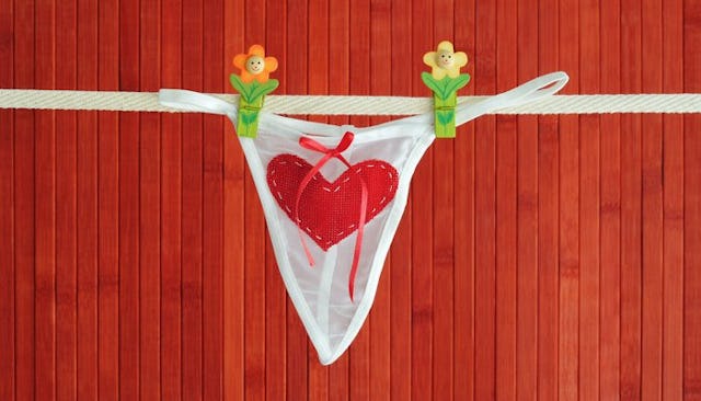 White Thong With A Red Heart Hanging On A Clothesline