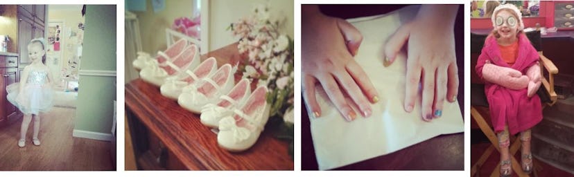 A four-part collage of a ballerina girl, ballet shoes, a girls hands with multi-colored nails and a ...