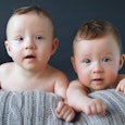 Toddler twin boys on a grey blanket