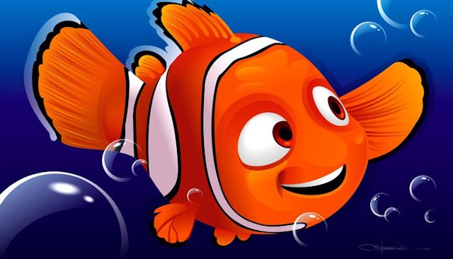 Nemo smiling in the sea with the bubbles around him